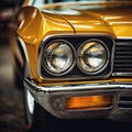 a close up of a classic yellow car