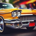 a close up of a classic yellow car on the street