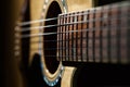 Close-up of classical guitar strings.