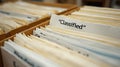 Close-up of classified folders in organized filing system