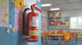 Close up of a classroom fire extinguisher highlighting safety labels and instructions on the wall Royalty Free Stock Photo
