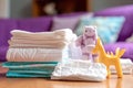 close-up of clean diapers and baby wipes