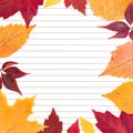 Close-up of clean paper sheet in a lined surrounded by autumn leaves. Top view, space for text