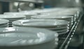 Close up of clean white plates in a row in a food factory Royalty Free Stock Photo