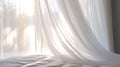 Close up of clean, white soft drapery sheer fabric curtain drapes in beautiful sunlight in luxury bedroom. Generative AI Royalty Free Stock Photo