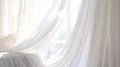 Close up of clean, white soft drapery sheer fabric curtain drapes in beautiful sunlight in luxury bedroom. Generative AI Royalty Free Stock Photo