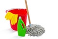 Close up of cleaning products and mop with bucket Royalty Free Stock Photo