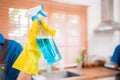 Close up cleaning service woman worker hand working in house. Girls housekeeper cleaner, holding foggy spray with liquid detergent Royalty Free Stock Photo