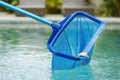 Cleaning swimming pool of fallen leaves with special skimmer mesh equipment Royalty Free Stock Photo