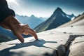 A close-up of climbing chalk-covered hands gripping a textured rock surface, showcasing the determination of a climber