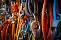 close-up of climbing equipment like ropes, carabiners, and harnesses