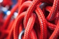 close-up of climbing knots on a vibrant red rope