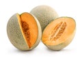 Close up, clipping path, cut out. Beautiful tasty sliced rock cantaloup melon isolated on white background Royalty Free Stock Photo