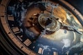 Close up of a clock face with world map in the background. Generative AI Royalty Free Stock Photo