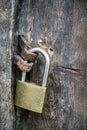 Close up of a closed padlock on an antique wooden door with rusted metal fittings Royalty Free Stock Photo