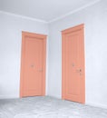 Close up of closed wooden door in the empty room Royalty Free Stock Photo