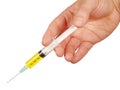 Close up or closeup Human male Hand of doctor or veterinary holding syringe going to inject vaccine or medicine or drug isolated Royalty Free Stock Photo