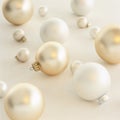 Close-up closeup of simple, modern, silver, white and gold Christmas babules ornaments on white background. Holiday decorations