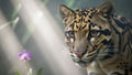 Clouded Leopard Portrait with Purple Orchid in a Mysterious Forest Setting Royalty Free Stock Photo