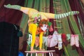 Close-up clown gymnast, walking on his hands. Royalty Free Stock Photo