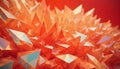 Close-up of a cluster of orange crystals with sharp, angular facets. The red background highlights their iridescent and