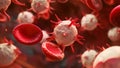 A close-up of a cluster of red and white blood cells flowing through a human bloodstream, Vivid, macro view of a group of white