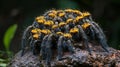A close up of a cluster of vibrant tarantulas showcasing their intricate patterns and vivid colors in a natural setting