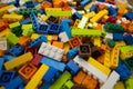 Cluttered pile of colorful toy construction bricks Royalty Free Stock Photo