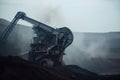 close-up of coal mining equipment, with smoke and dust in the air Royalty Free Stock Photo