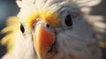 A close-up of a cockatiel\'s curious face as it gazes trustingly at its owner