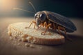 Close-up of cockroach on piece of bread, disgusting insect parasite indoors. Generative ai illustration