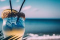 Close-Up Of cocktail On beach. blue ocean background. Illustration Generative AI