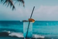 Close-Up Of cocktail On beach. blue ocean background. Illustration Generative AI