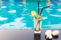 Close up Cocktail margaritas with lime near the swimming pool Royalty Free Stock Photo