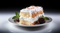 Close up coconut cake with cream on plate