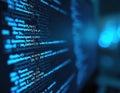 Close-up of code on computer screen with digital blue overlay. Data security, software development concept. Information, Royalty Free Stock Photo