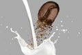 Close up of Coffee Bean and Coffee Grind and Milk Splash Royalty Free Stock Photo