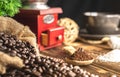 Close up coffee bean on Coffee grind under spoon Royalty Free Stock Photo