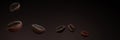 Close up of Coffee Beans on black dark background panorama 3d rendering