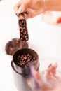 Close up coffee beans in grinder Royalty Free Stock Photo