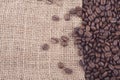 Close up of coffee beans on jute Royalty Free Stock Photo