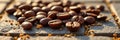 Close-up of coffee beans on rustic surface in warm sunlight Royalty Free Stock Photo