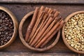 Close up of coffee beans in wooden bowl and cinnamon Royalty Free Stock Photo