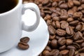 Close-up of coffee cup with saucer and coffee beans Royalty Free Stock Photo