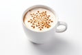 Close up of a coffee cup with a snowflake shaped latte art