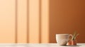 Close-up of coffee cup on table at direct sunlight. Morning coffee with steam in white cup.