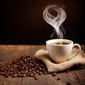 close up of coffee cup on wooden table steam rising