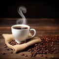 close up of coffee cup on wooden table steam rising