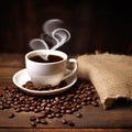 close up of coffee cup on wooden table steam rising