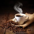 close up of coffee cup on wooden table steam rising